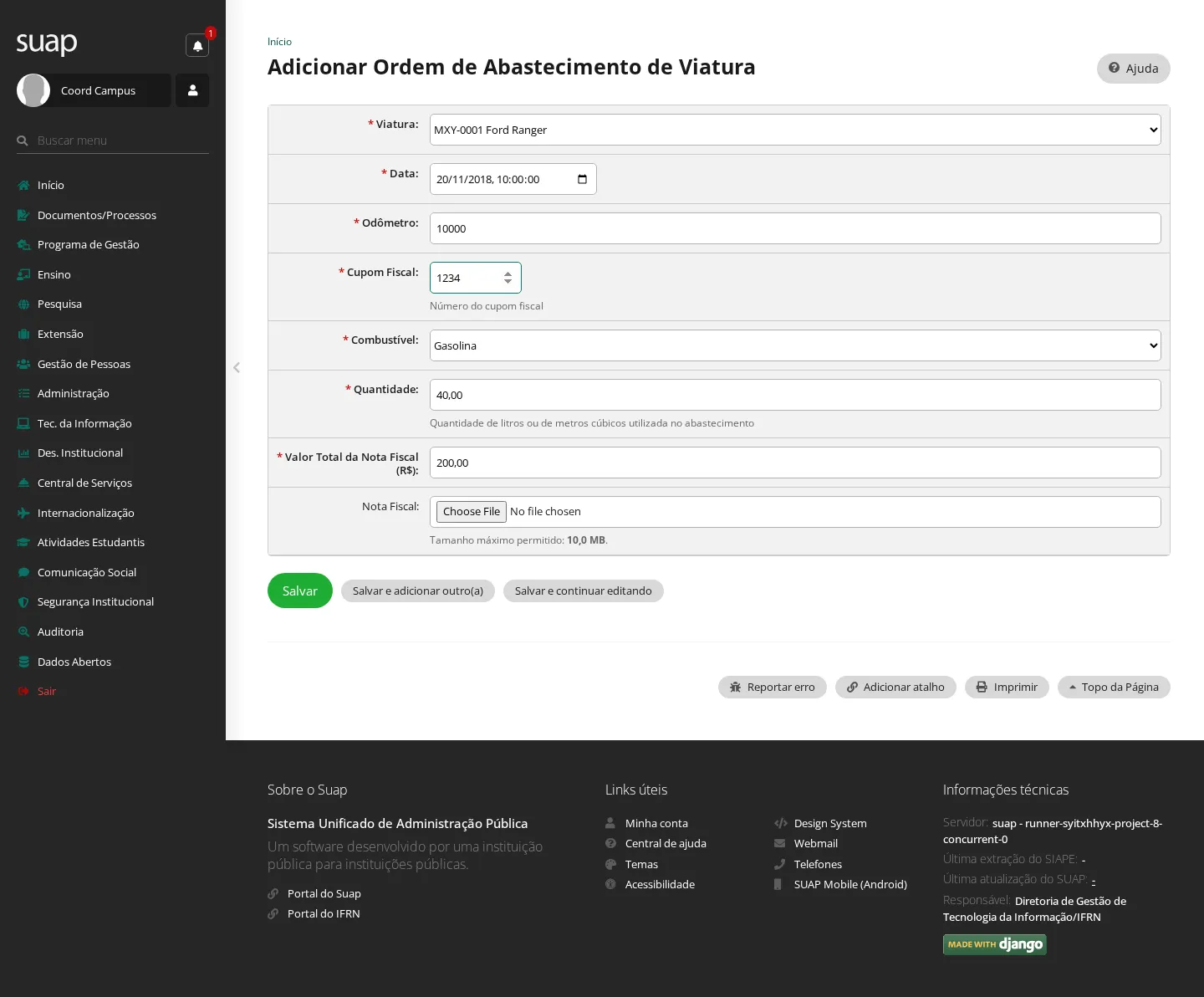 Formulário da ordem de abastecimento