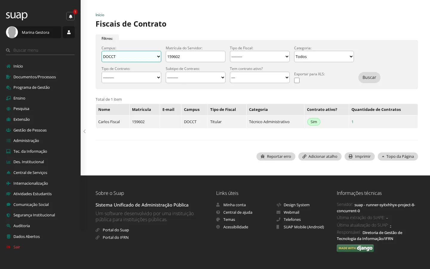 Consulta de fiscais filtrada por campus e matrícula