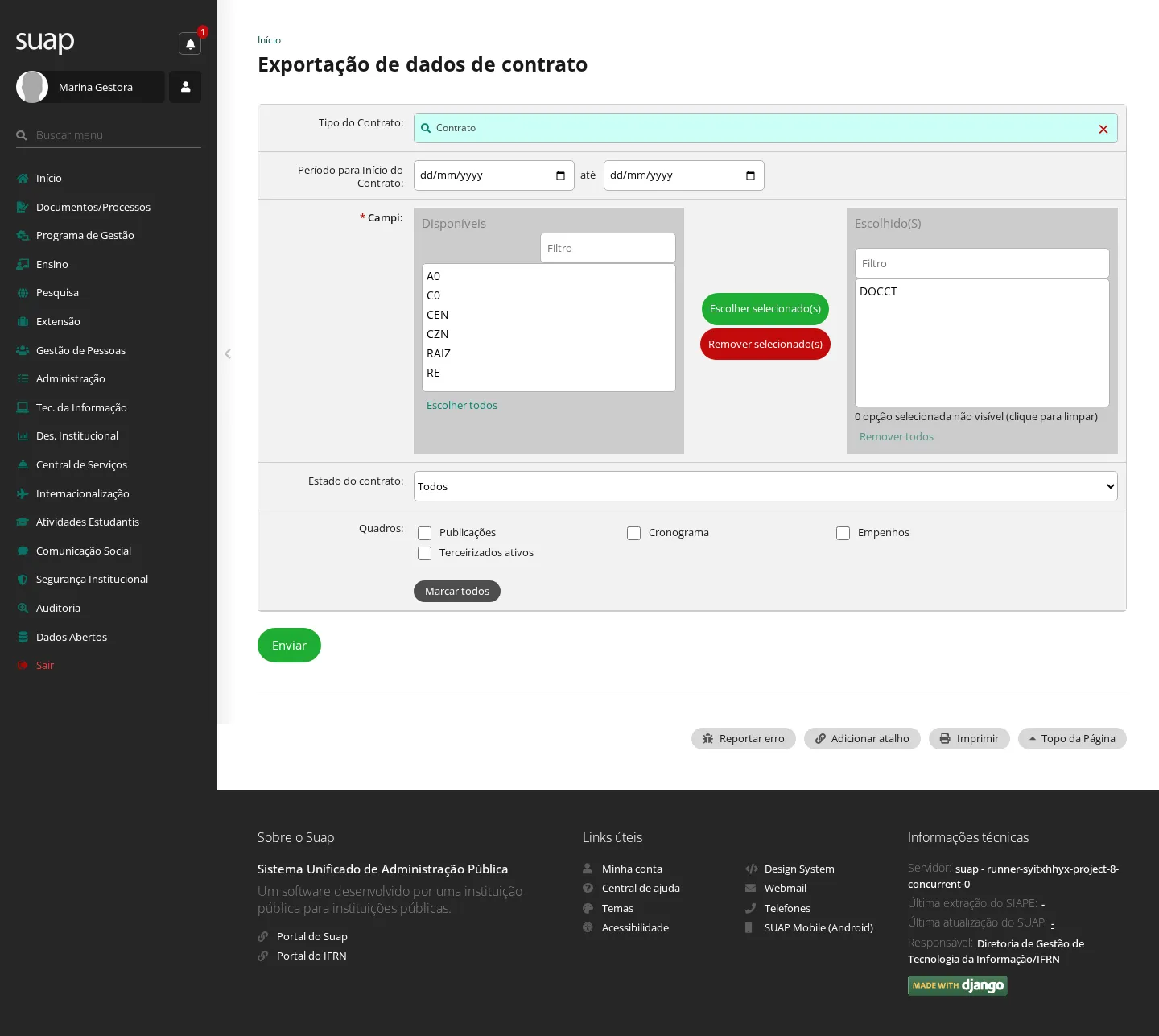 Filtros da exportação de contratos