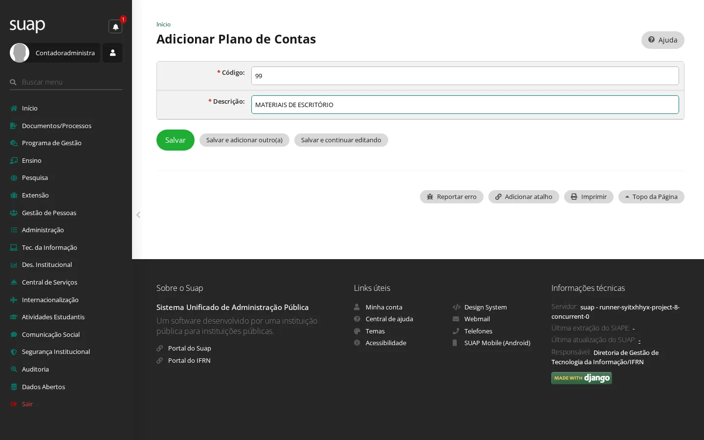 Formulário do plano de contas