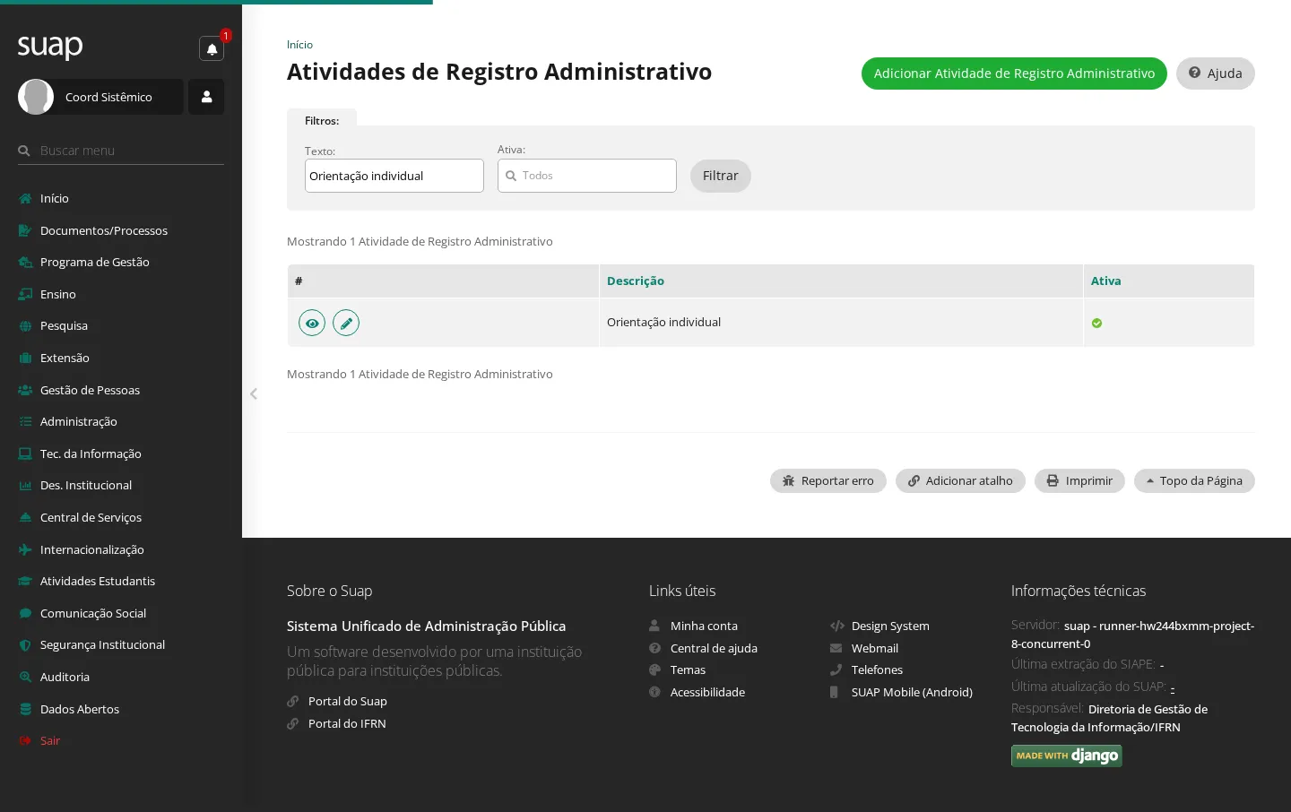 Busca de atividades de registros administrativos