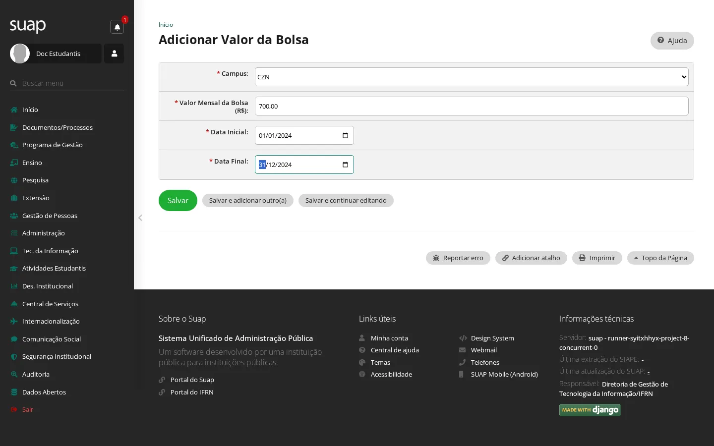 Cadastro do valor da bolsa