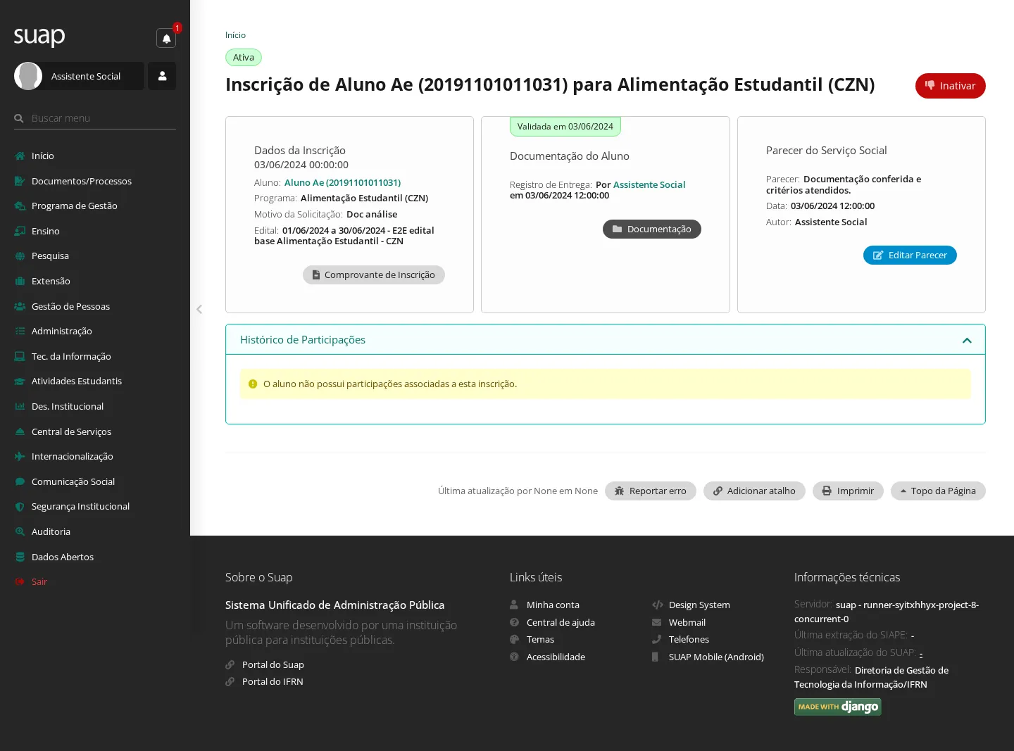 Ficha da inscrição com o parecer