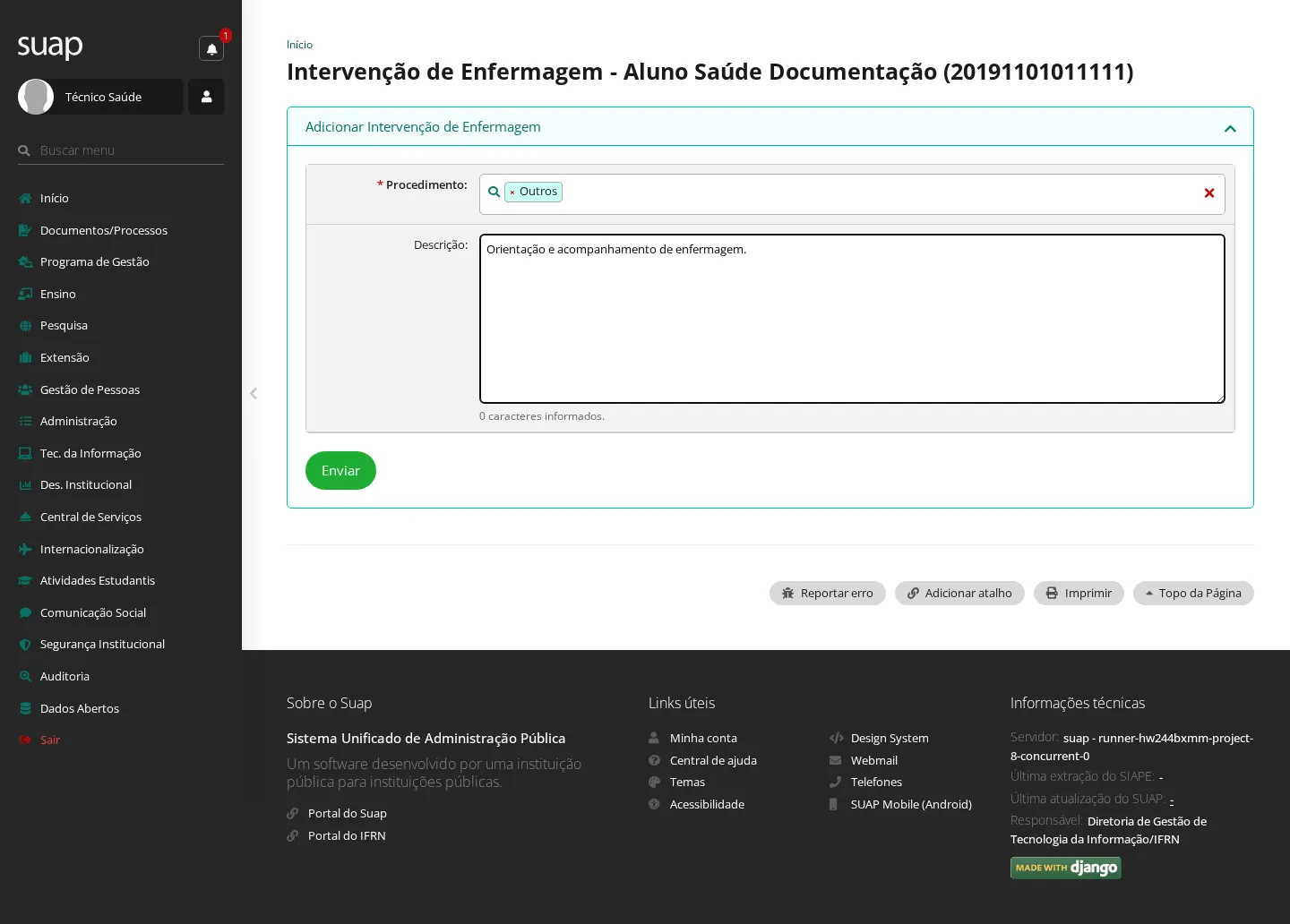 Formulário de intervenção de enfermagem