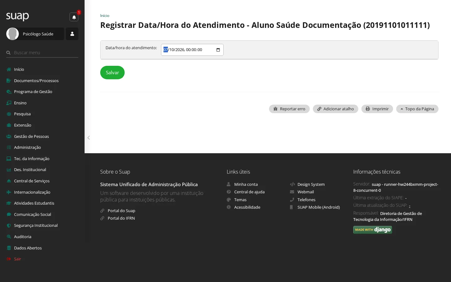 Registro da data e hora do atendimento