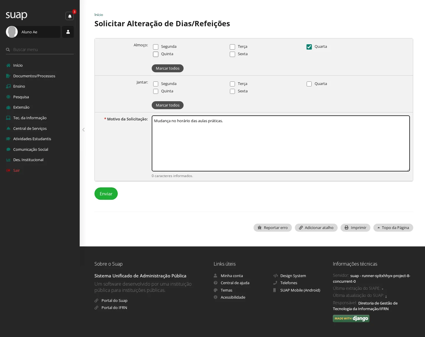 Solicitar alteração de dias ou refeições