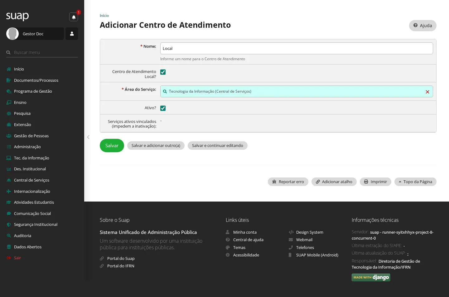 Formulário do centro de atendimento