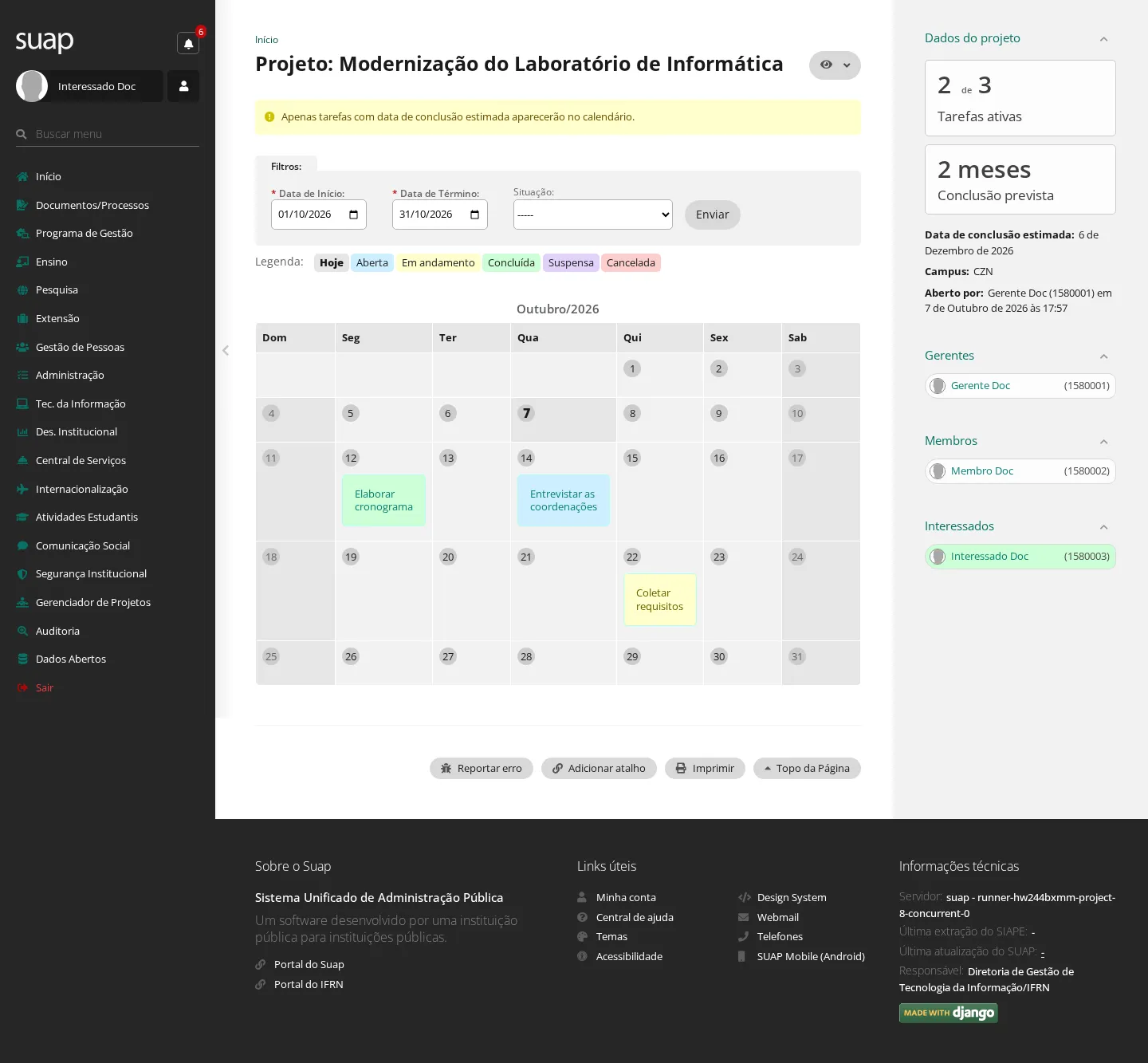 Calendário do projeto