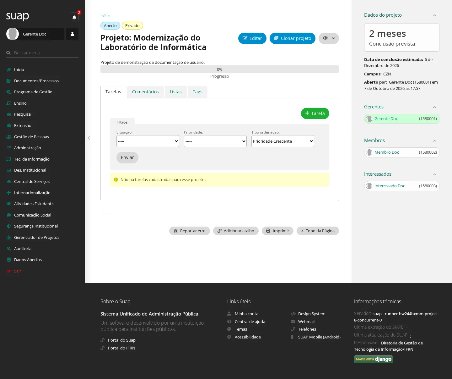Página do projeto recém-criado