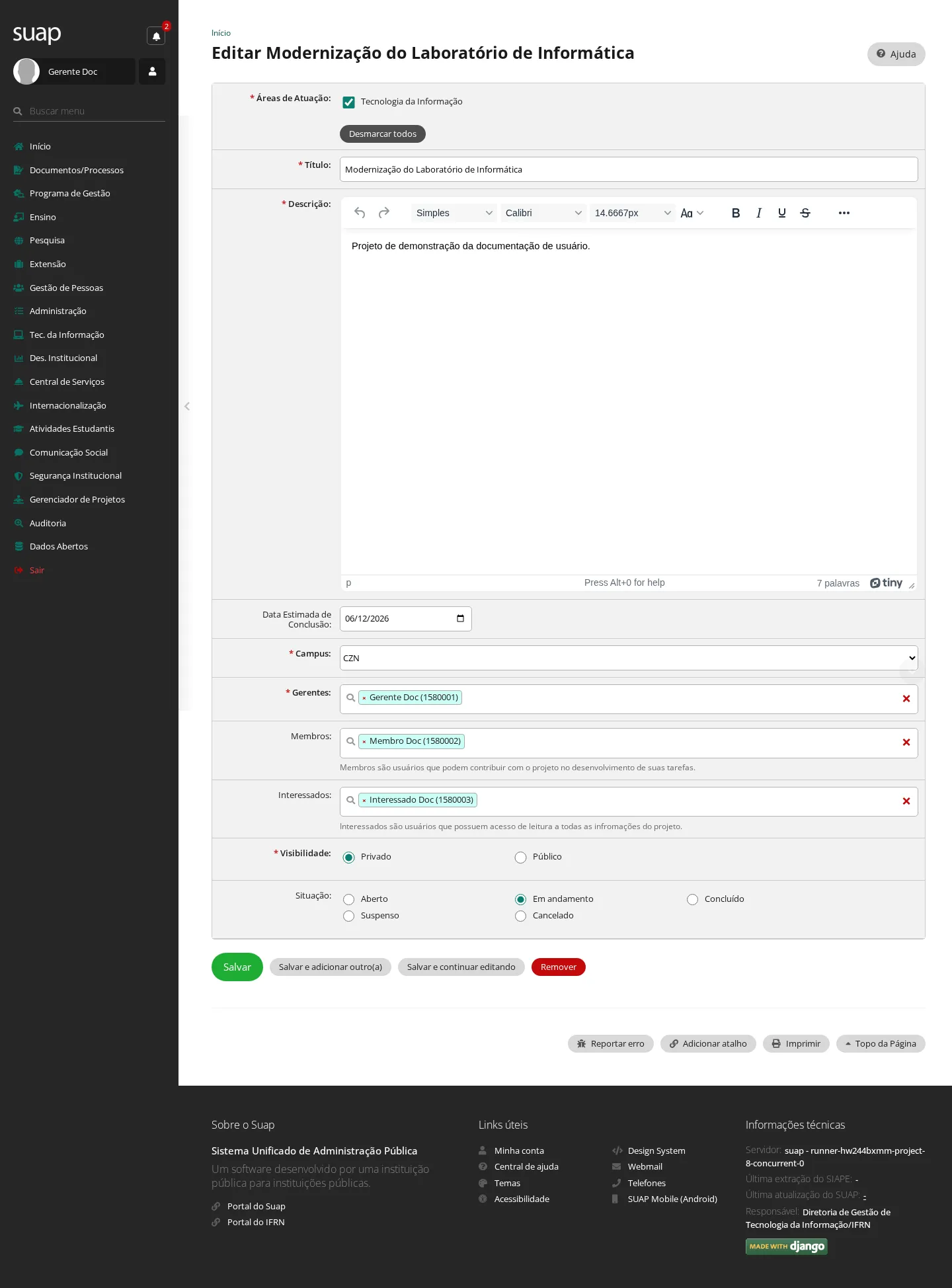 Edição do projeto, com a Situação