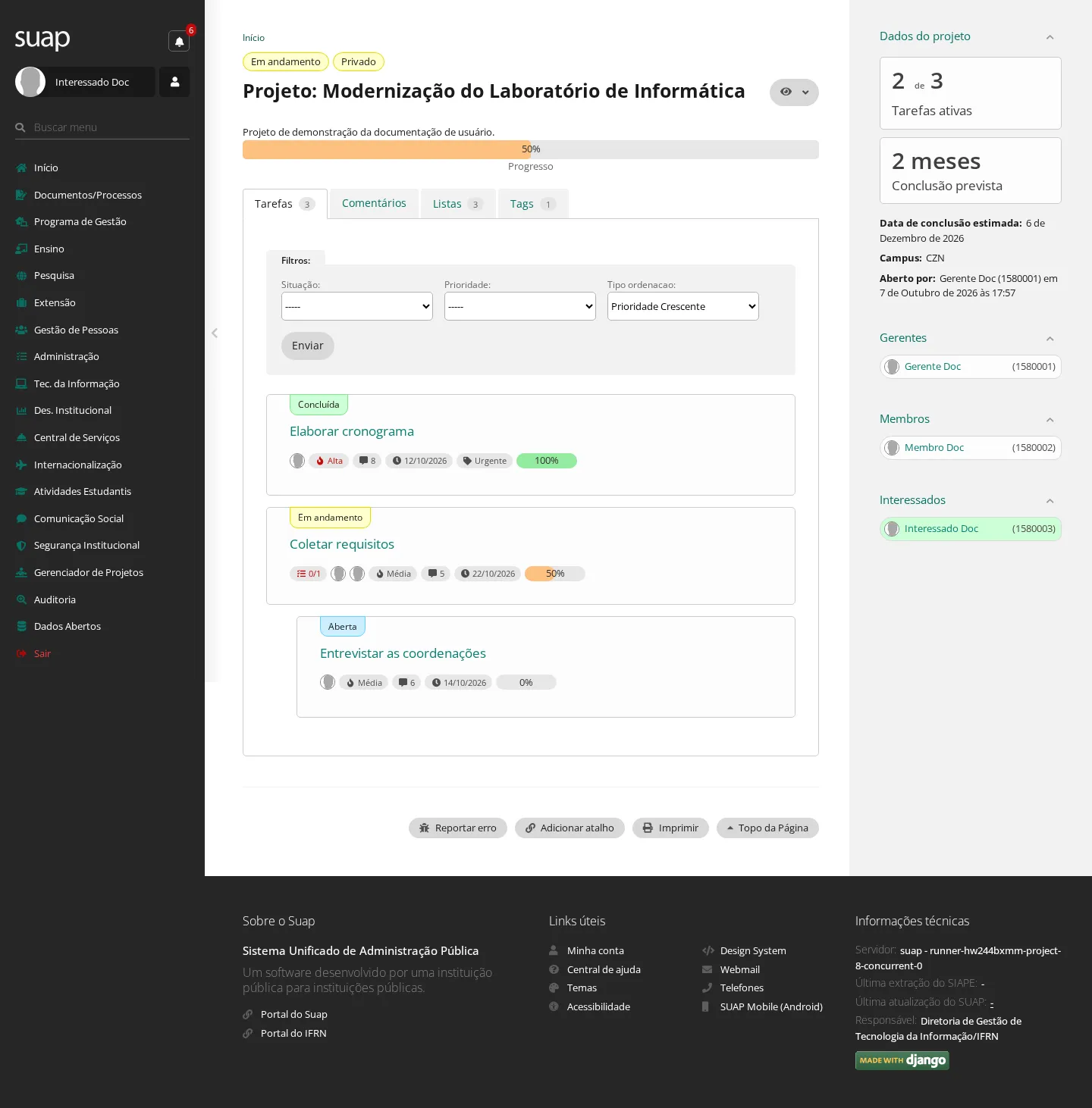 Página do projeto vista por um interessado