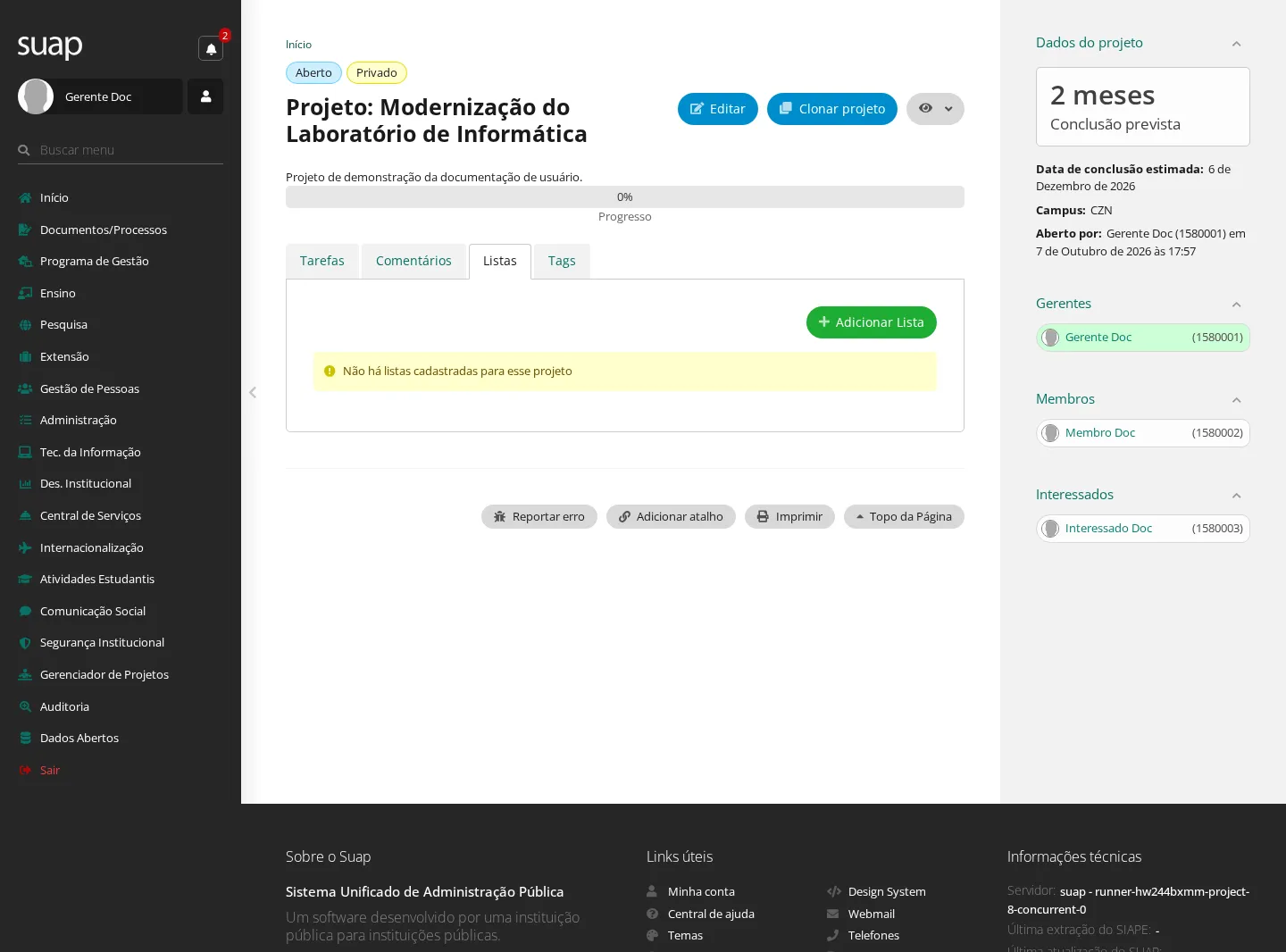 Aba Listas do projeto