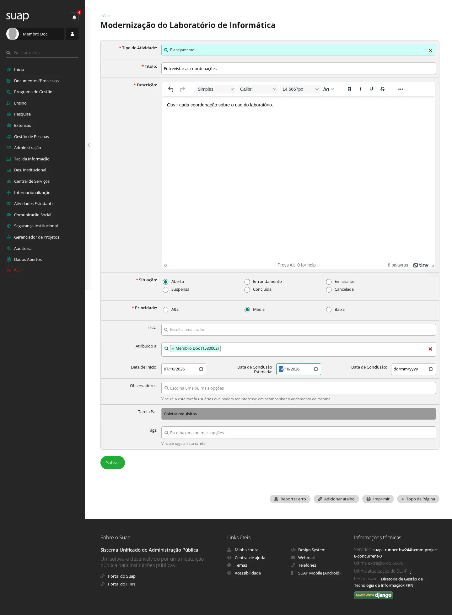 Formulário de subtarefa, com a Tarefa Pai preenchida