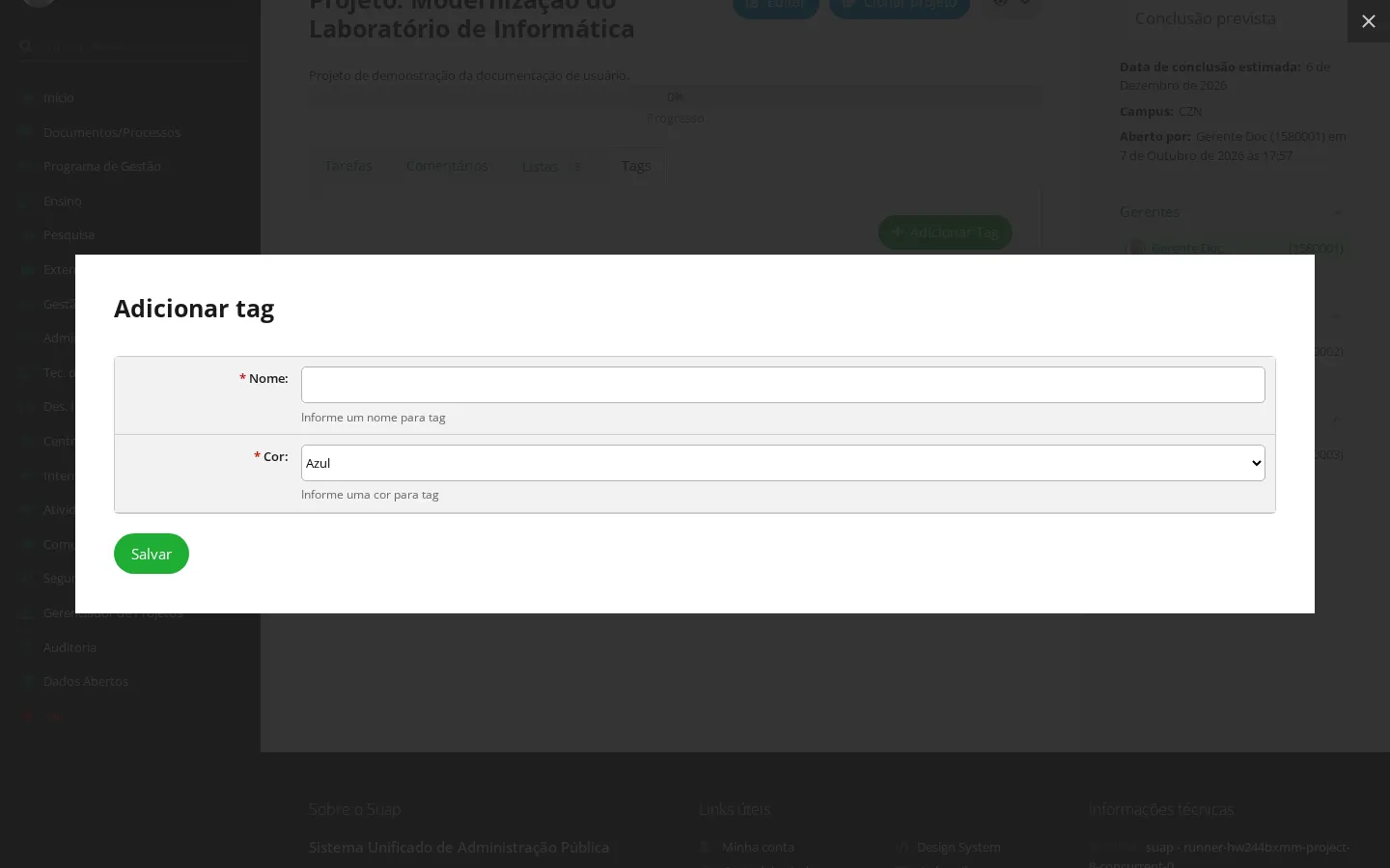 Popup de criação de tag