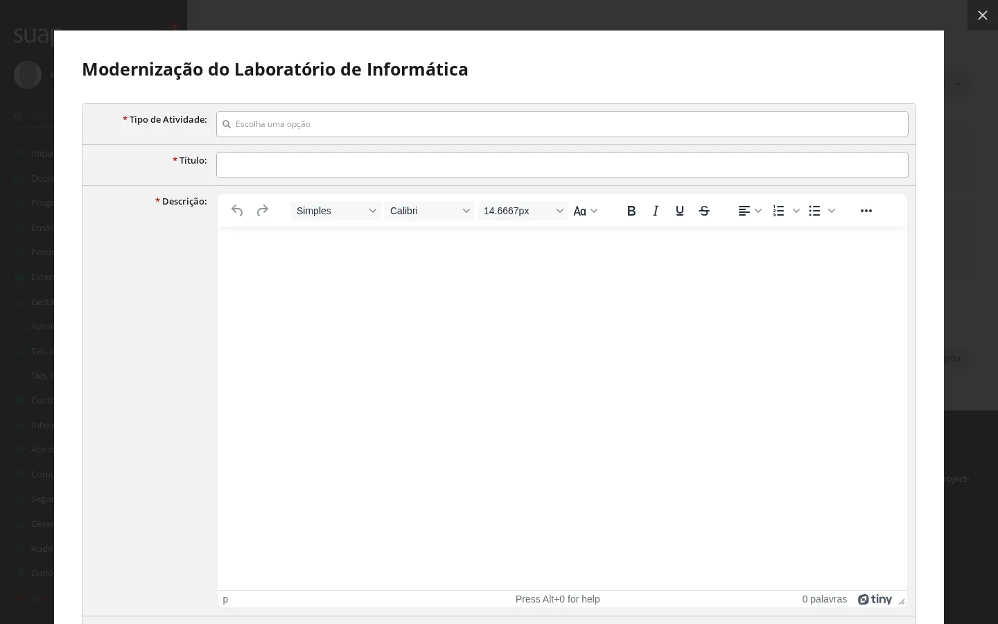 Formulário de criação de tarefa, aberto pelo Dashboard