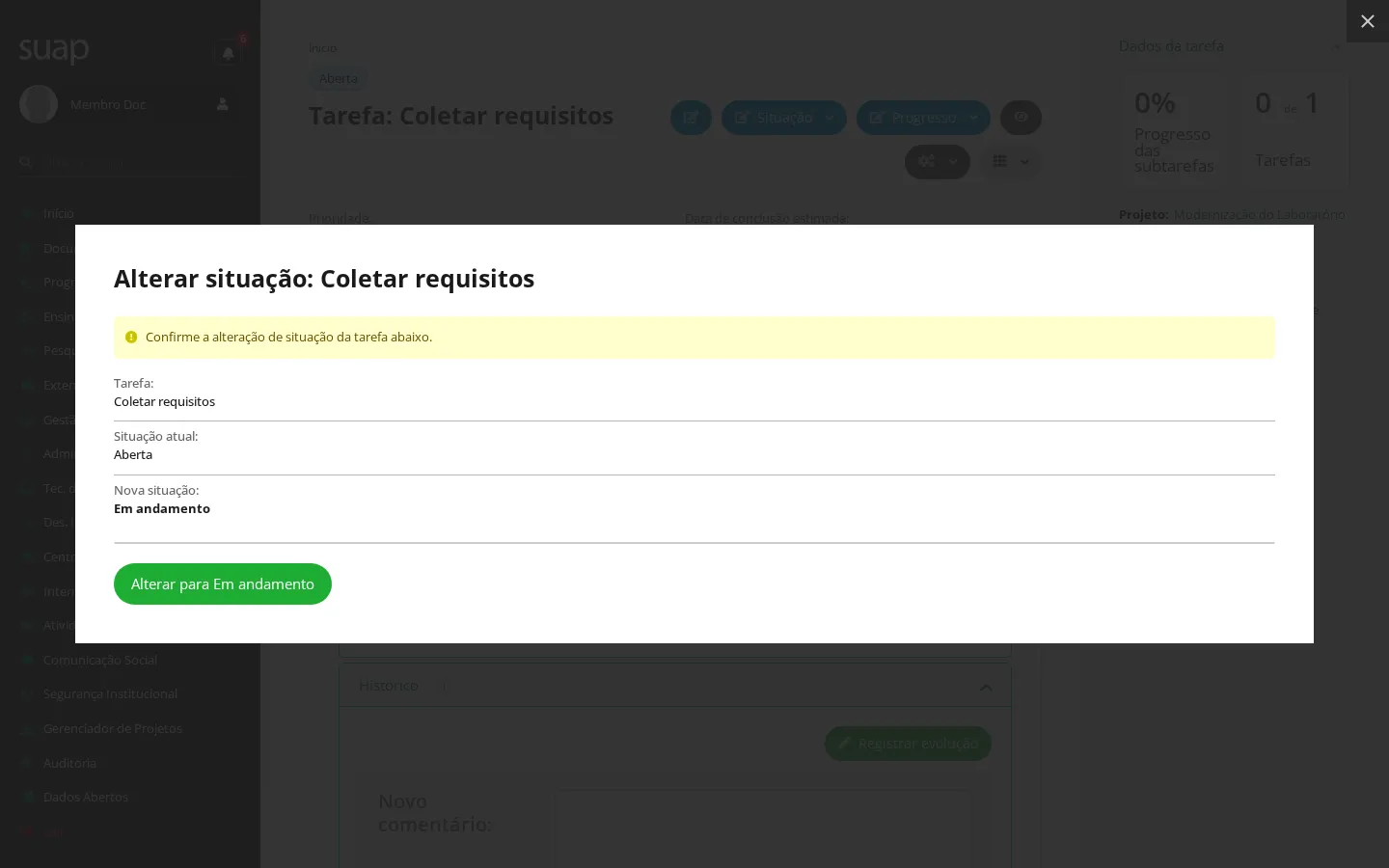 Popup de confirmação da mudança de situação