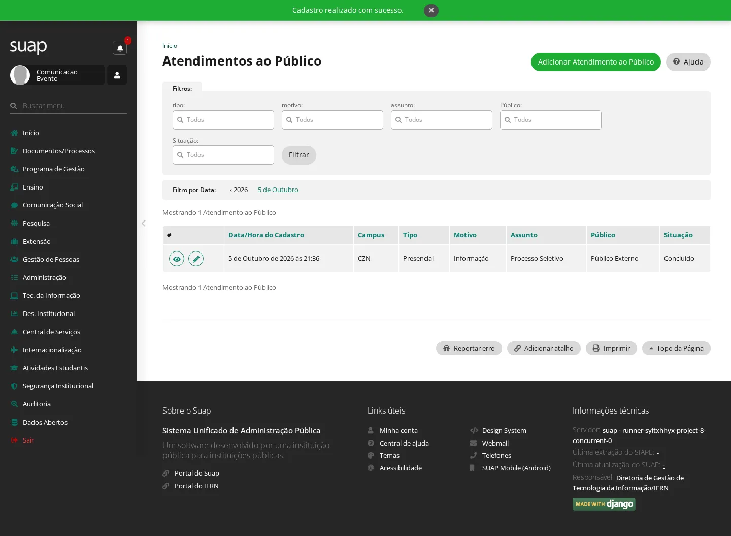 Listagem de atendimentos ao público