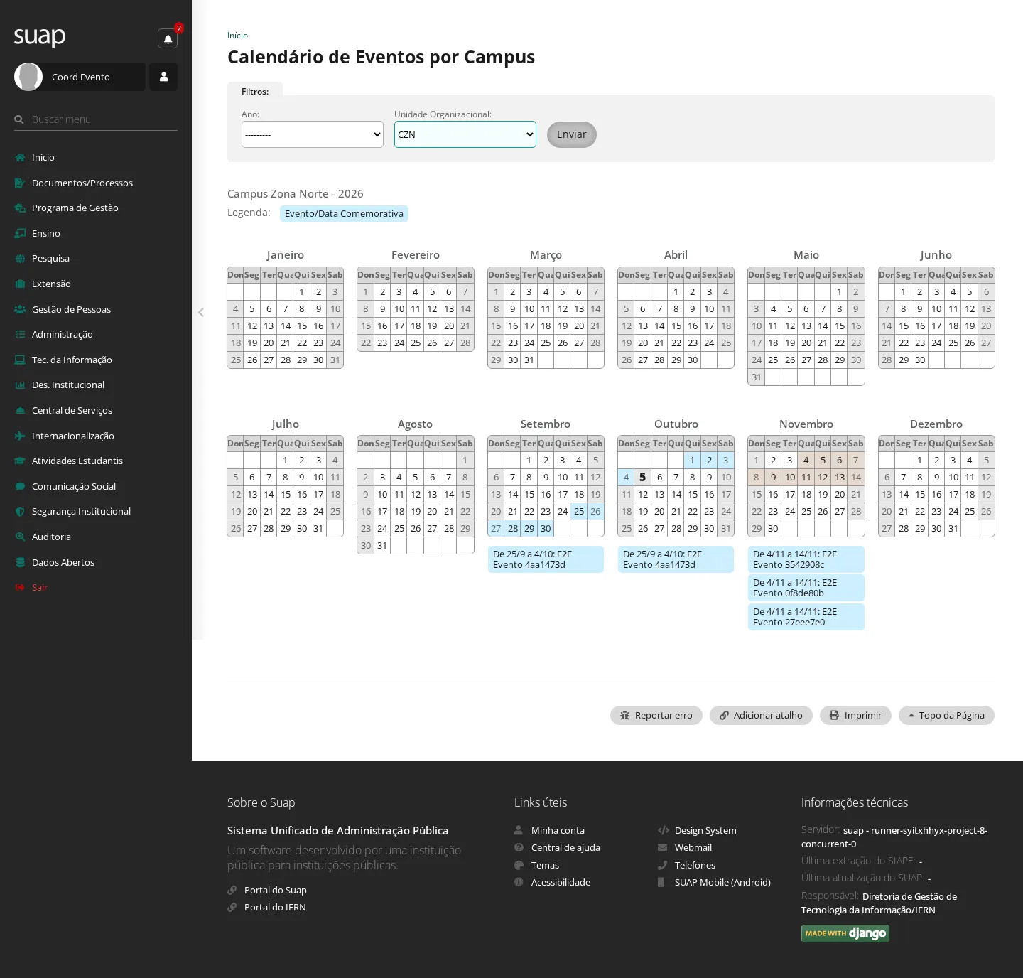 Calendário de eventos por campus