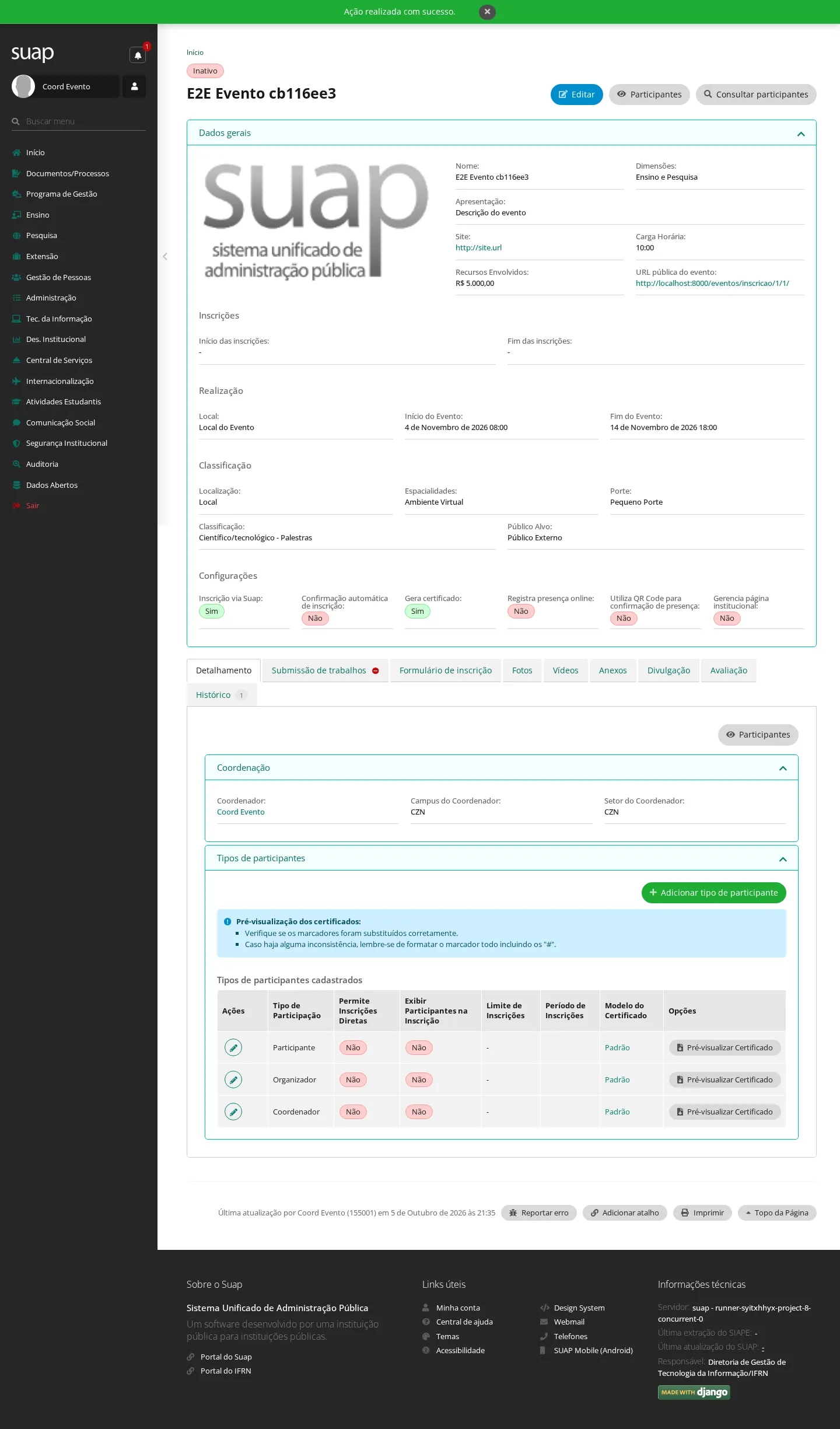 Página do evento recém-criado