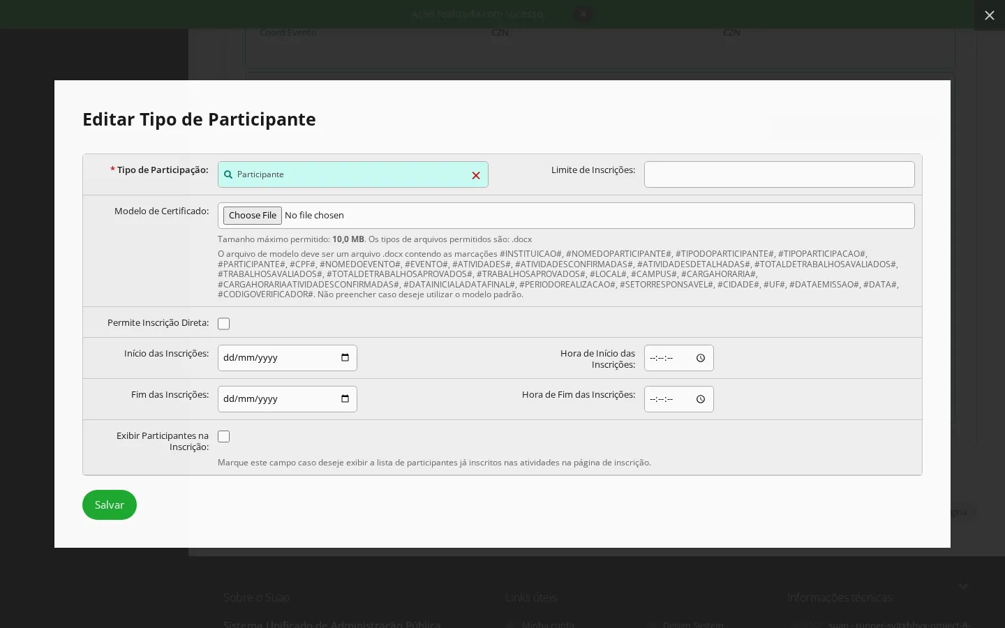 Popup do tipo de participante