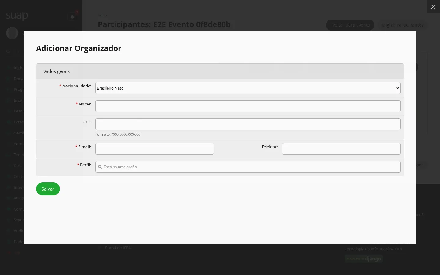Popup de inclusão de participante