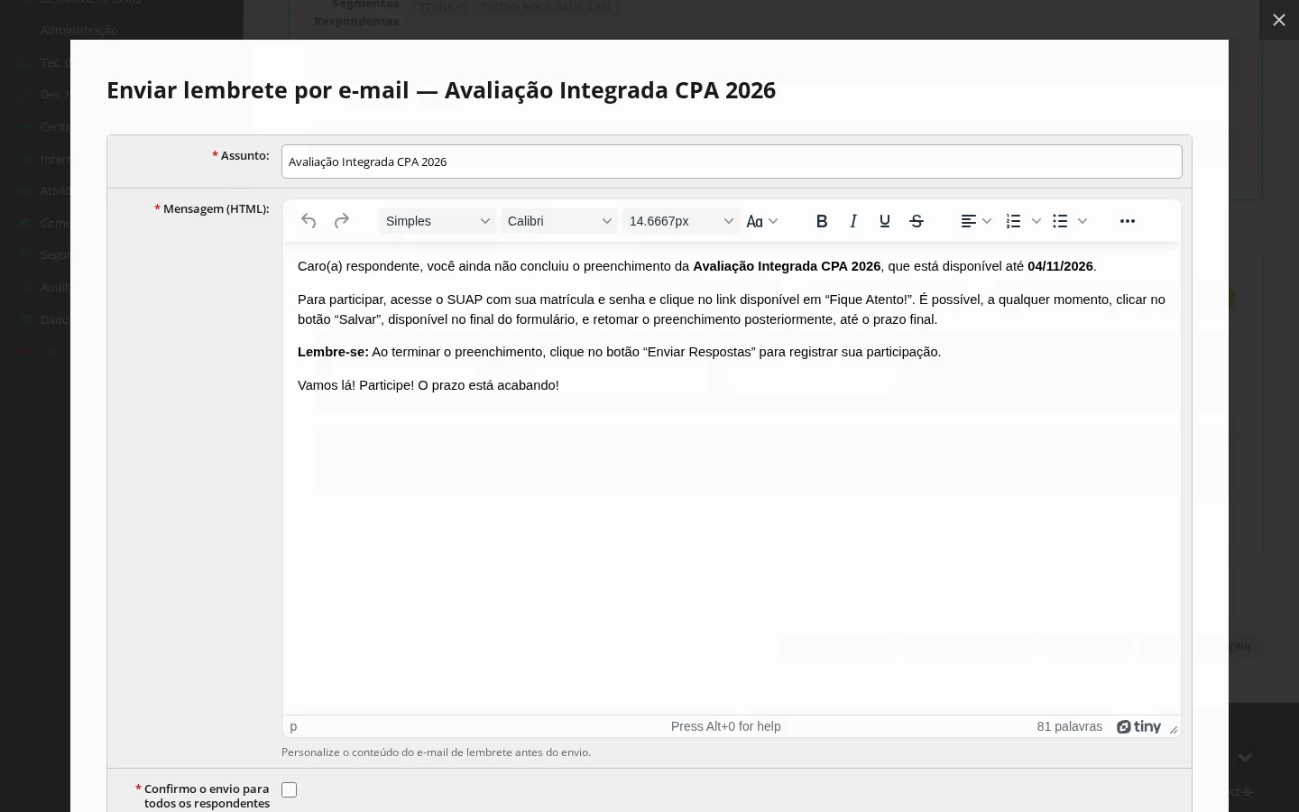 Formulário do lembrete por e-mail
