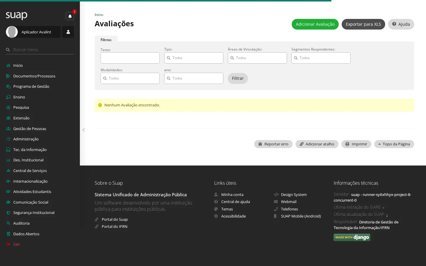 Listagem de avaliações