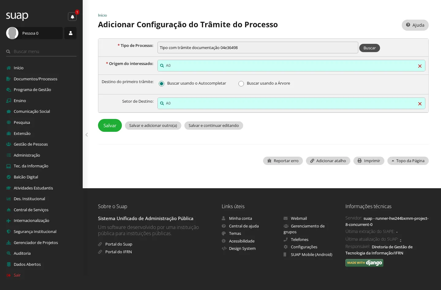 Configuração do trâmite preenchida