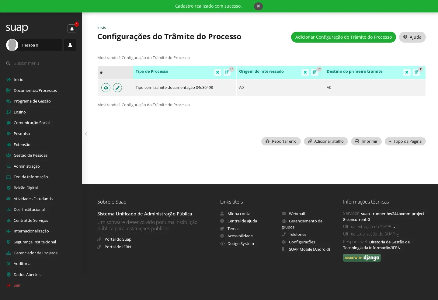 Configuração do trâmite cadastrada