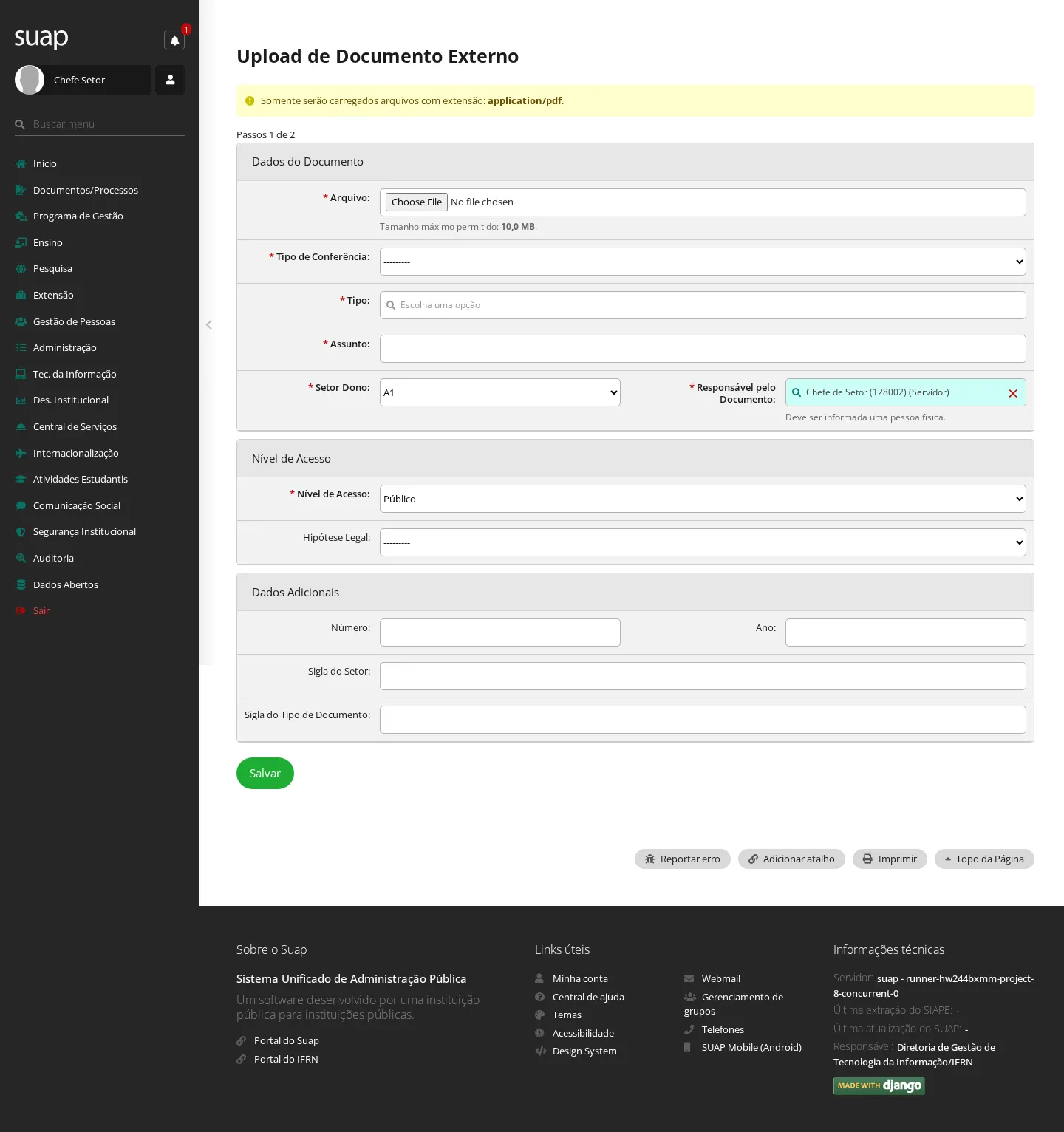 Formulário de upload de documento externo