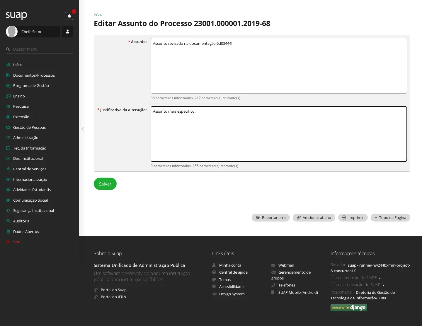 Formulário de edição de assunto