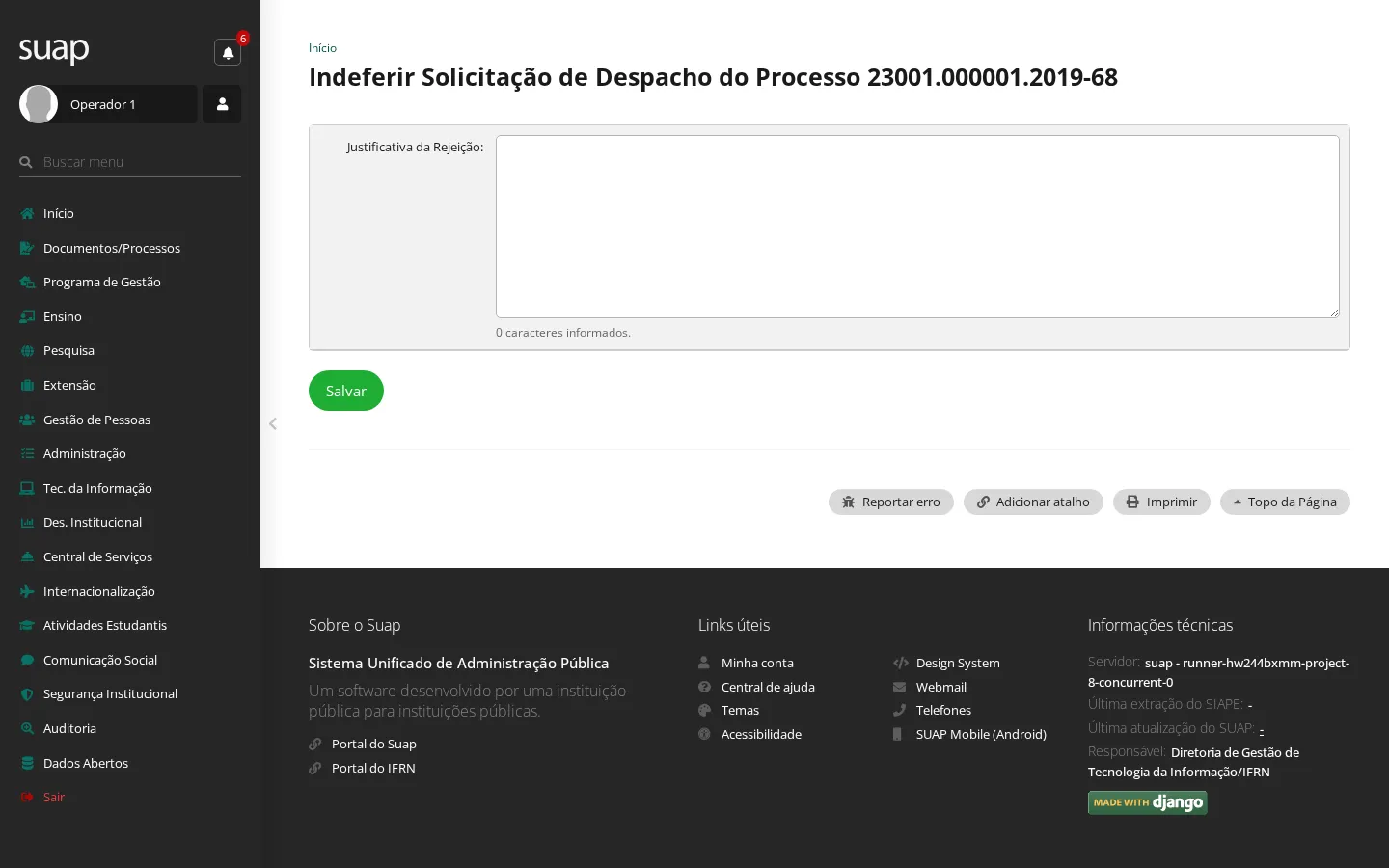 Formulário para indeferir despacho