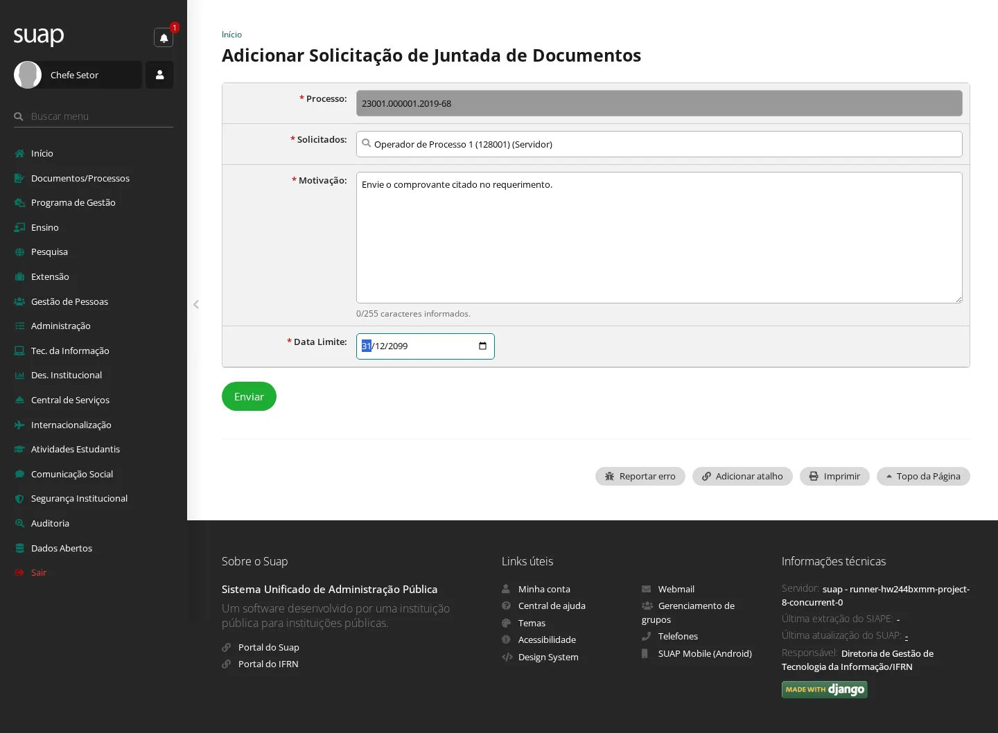 Solicitação de documentos preenchida