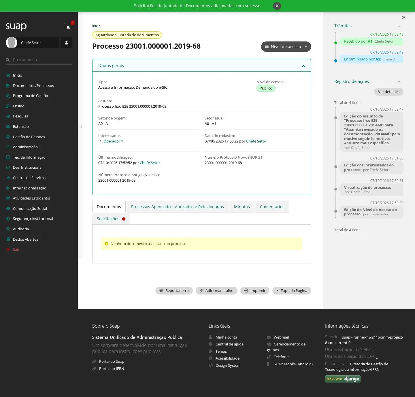 Solicitação de documentos registrada