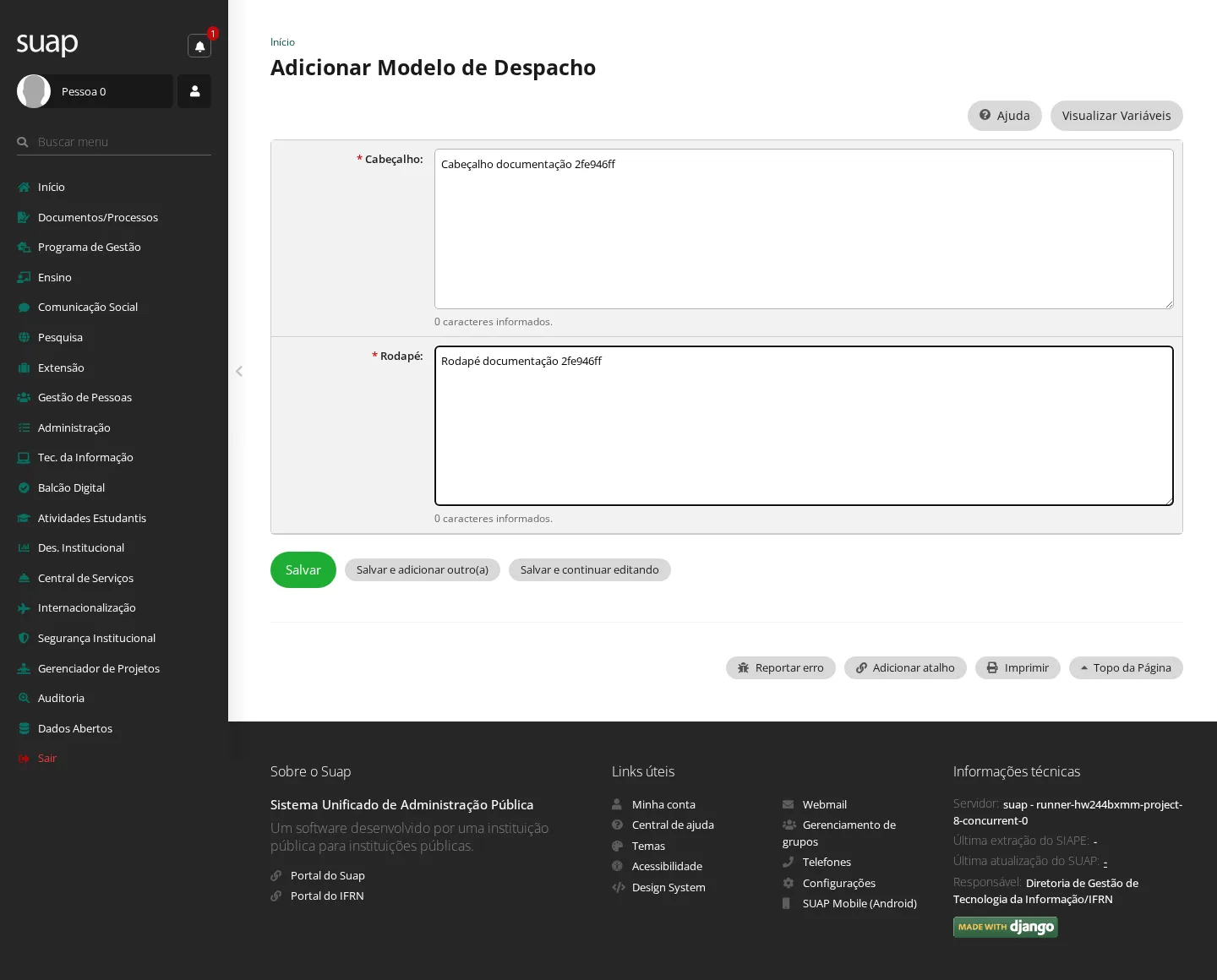 Formulário de modelo de despacho