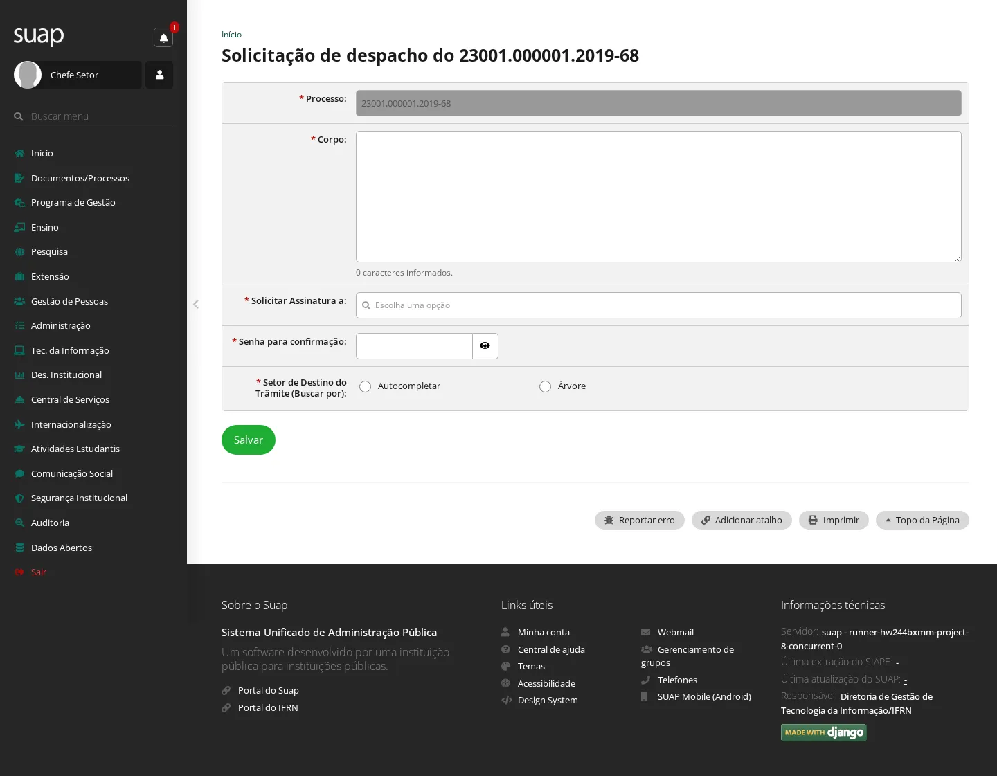 Formulário de solicitação de despacho