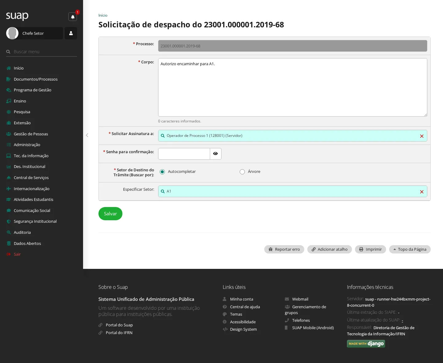 Solicitação de despacho preenchida