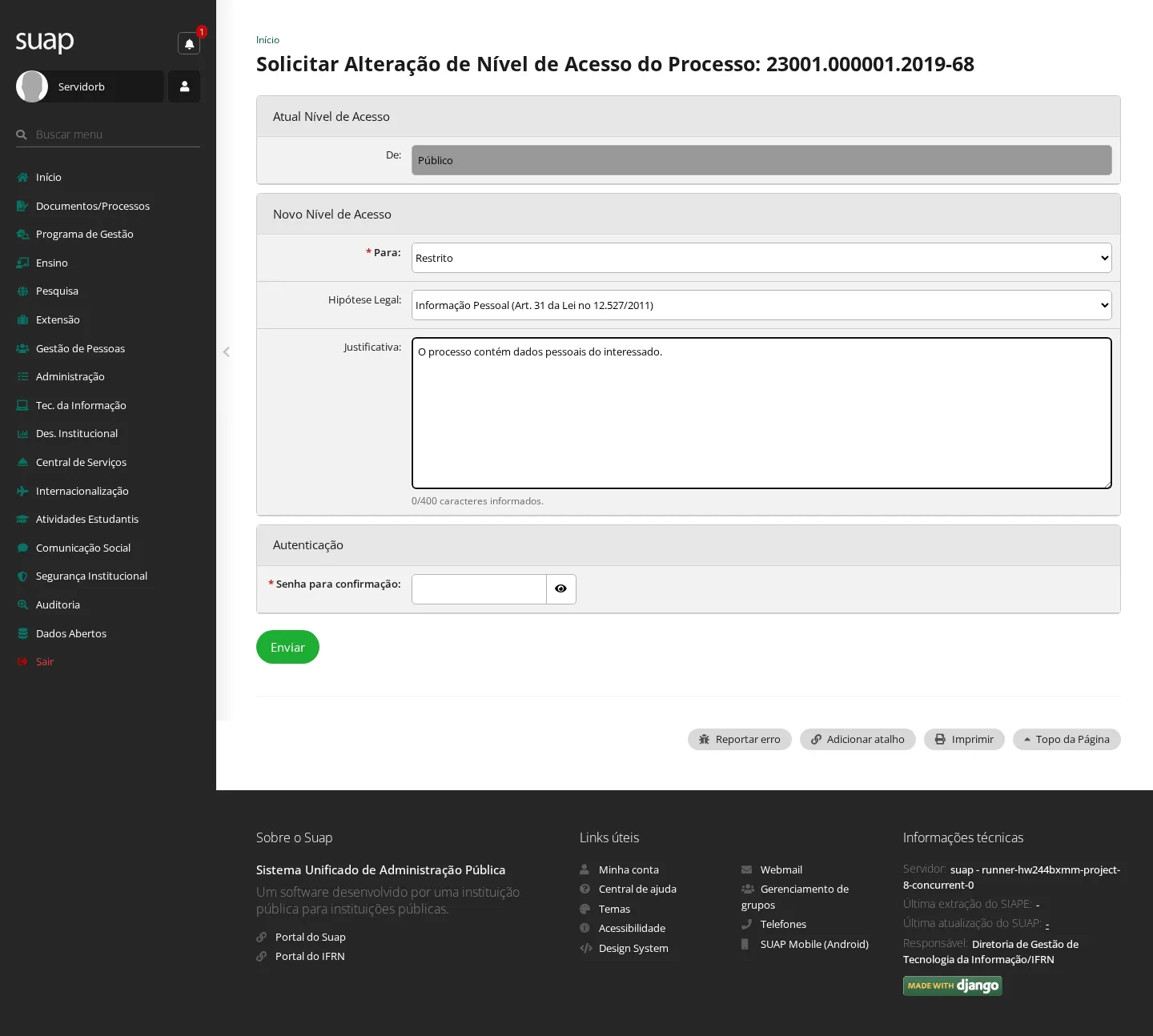 Solicitação de alteração de nível preenchida