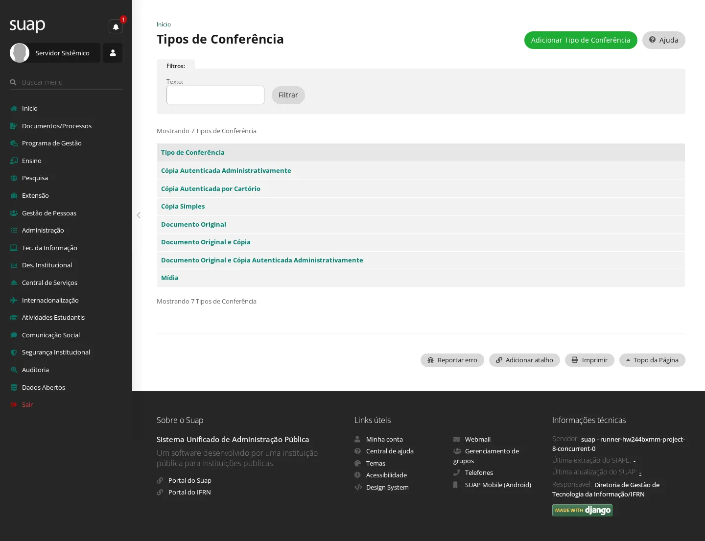 Listagem de tipos de conferência