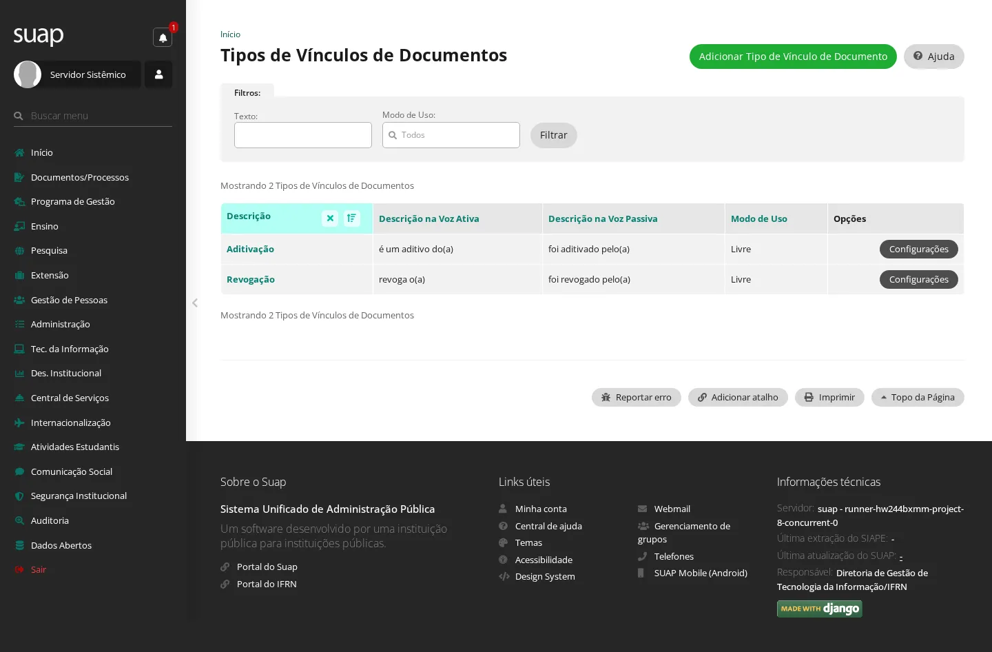 Listagem de tipos de vínculo