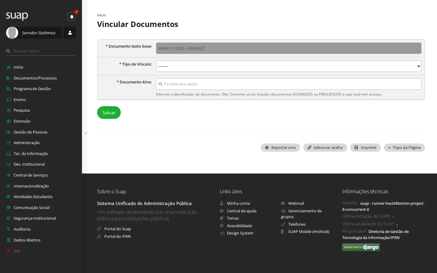 Formulário de vínculo