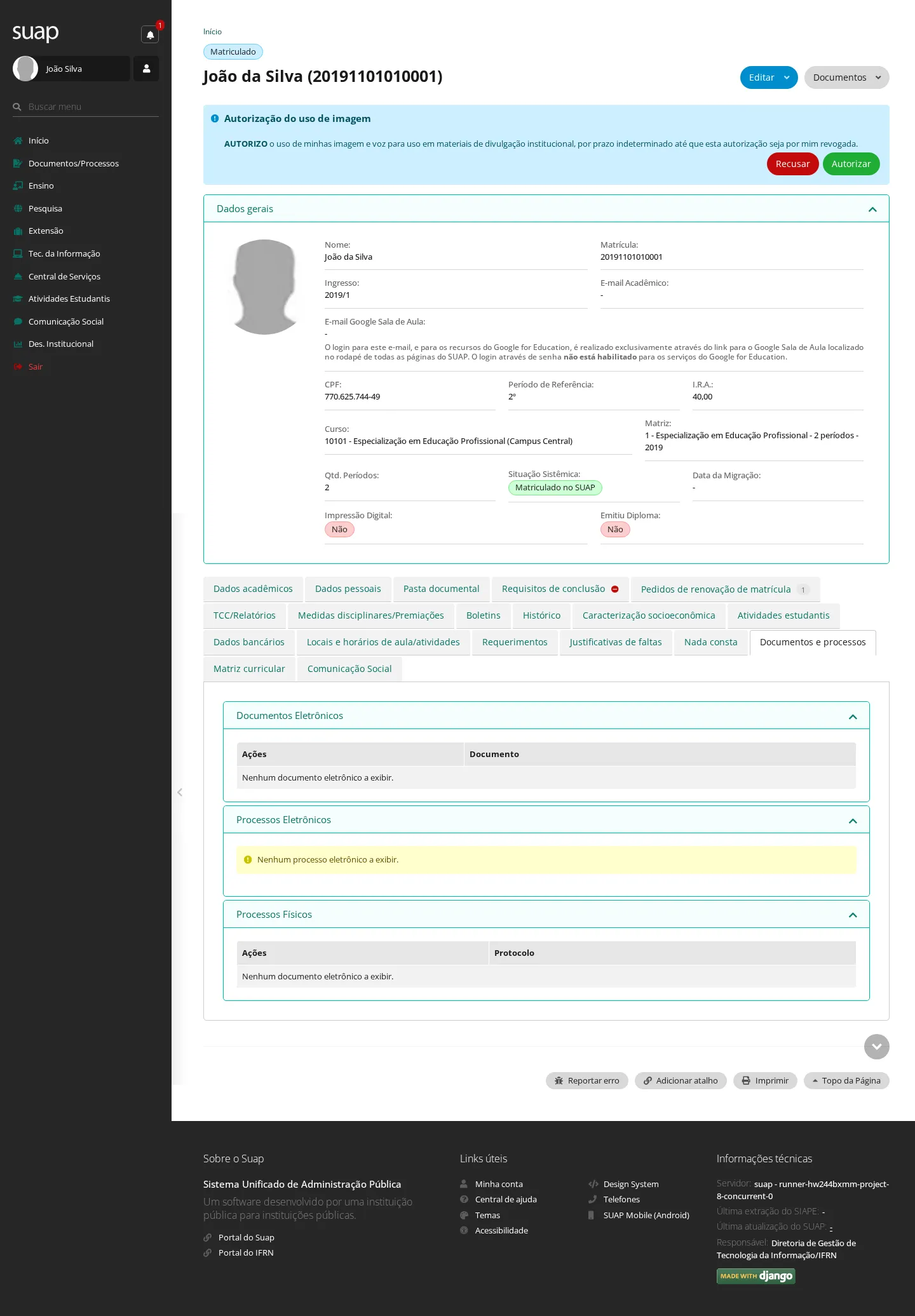 Menu de documentos do aluno