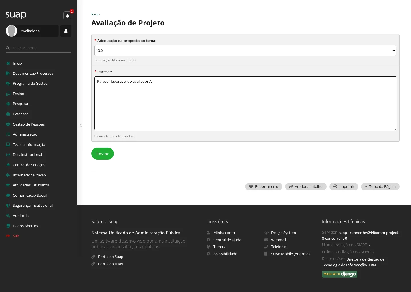 Formulário de avaliação do projeto