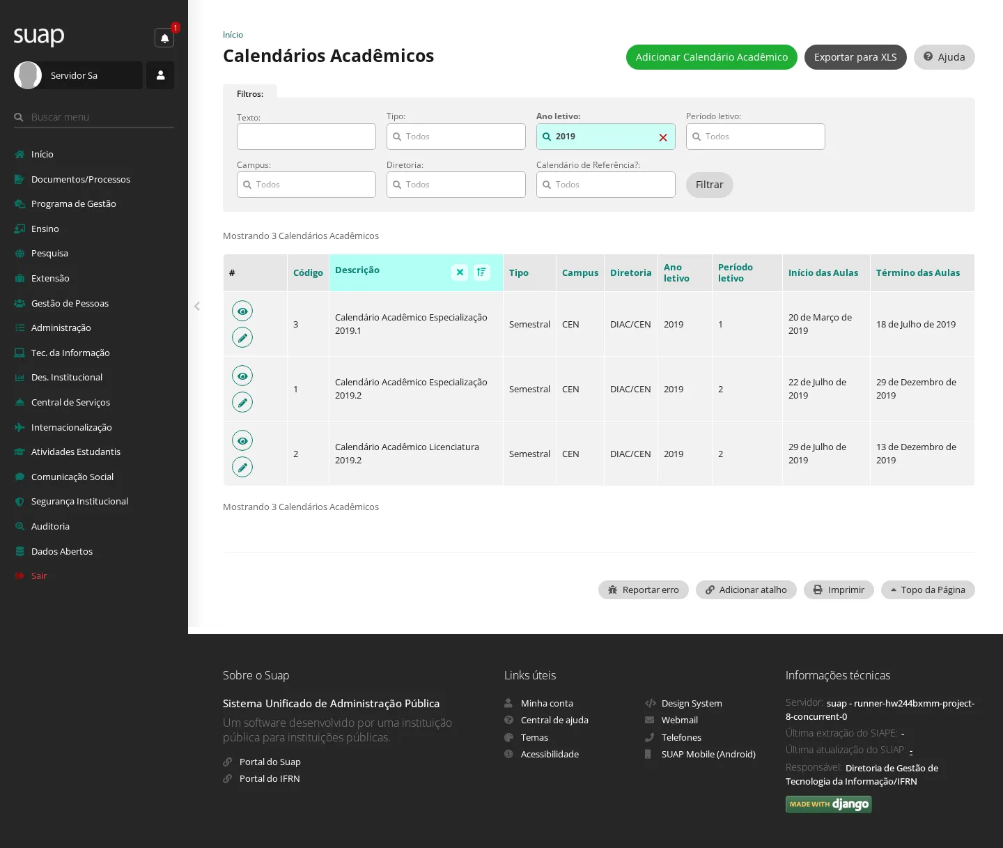 Listagem de calendários acadêmicos
