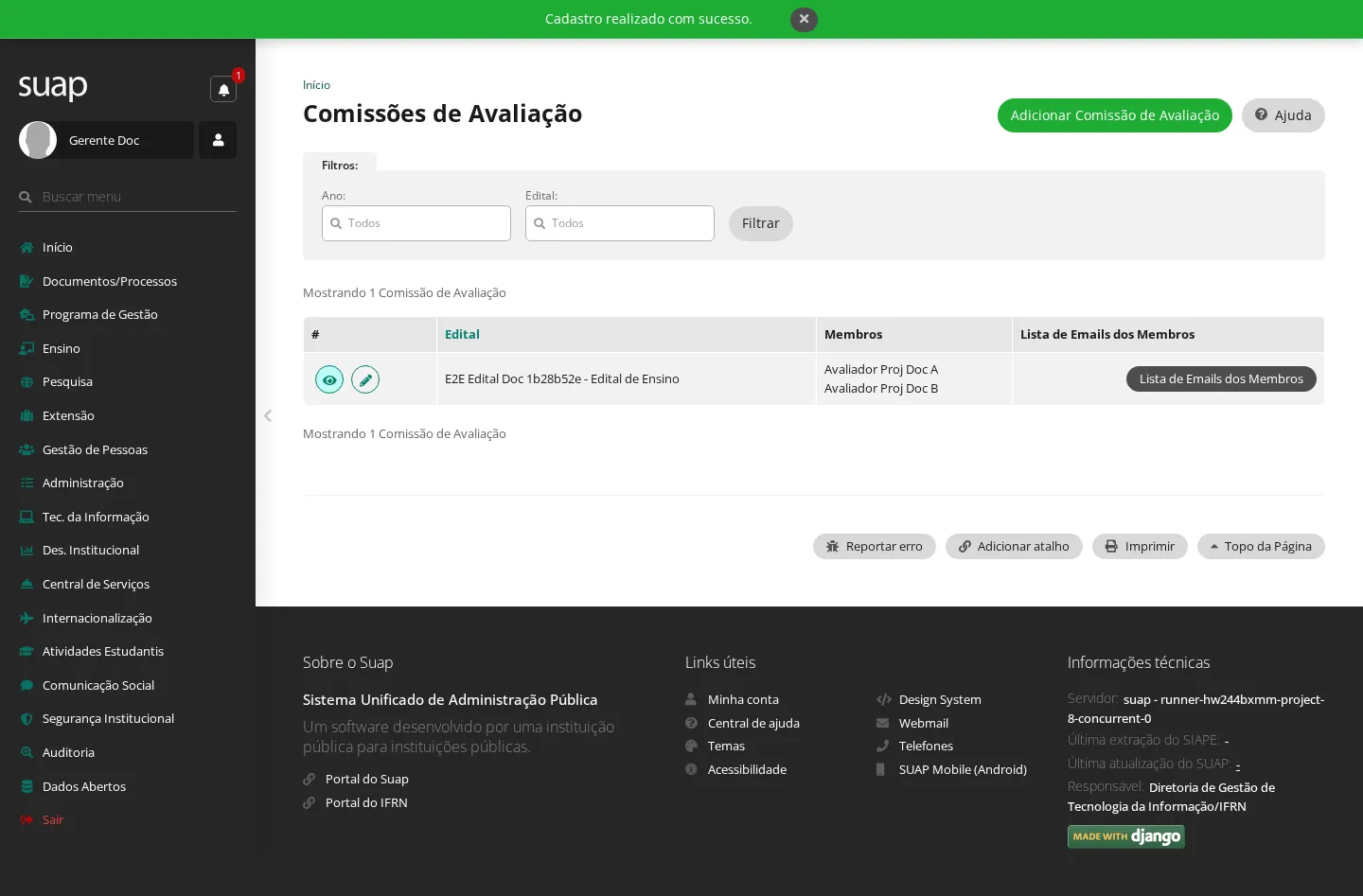 Comissões de avaliação cadastradas