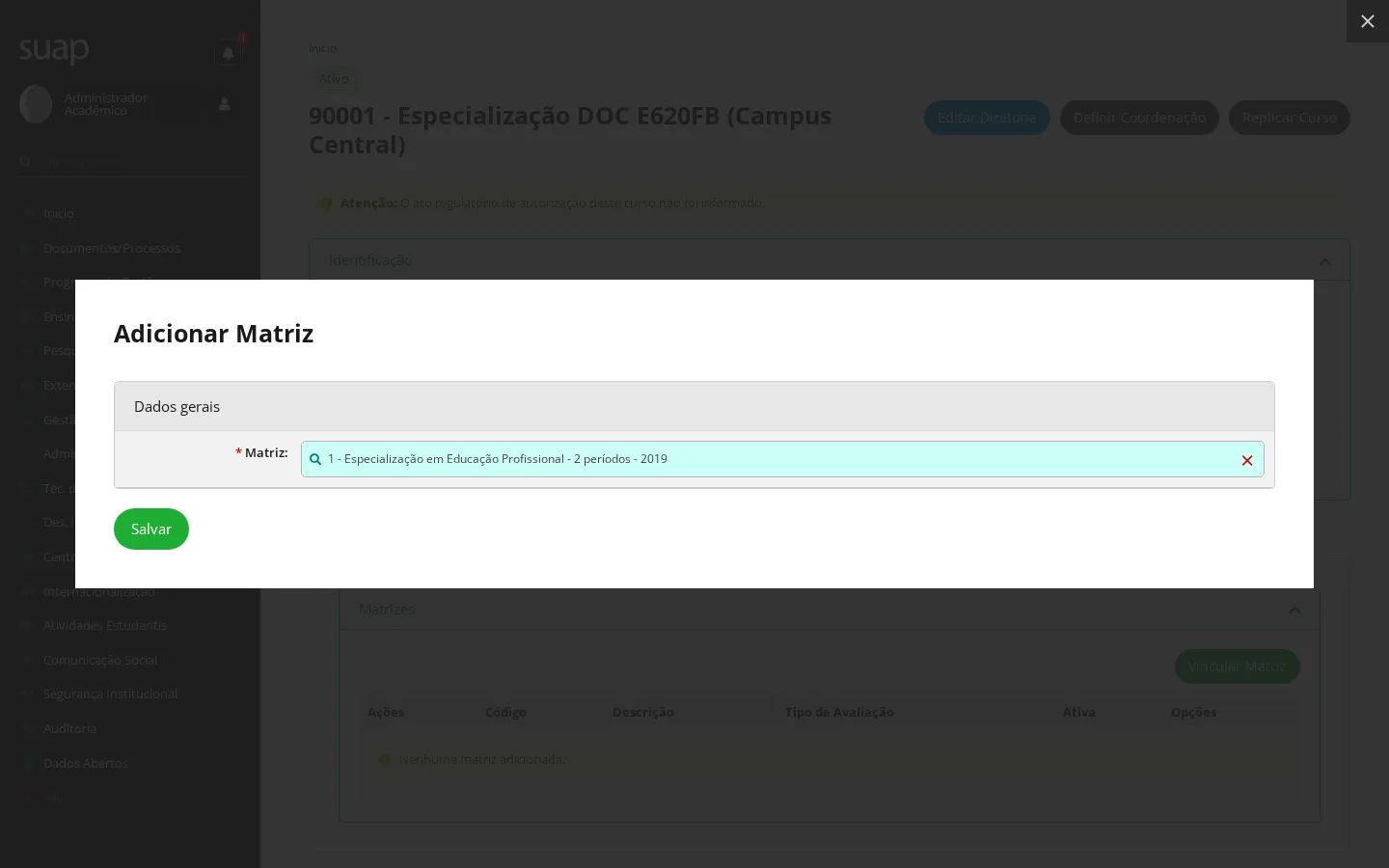 Popup de vínculo da matriz ao curso