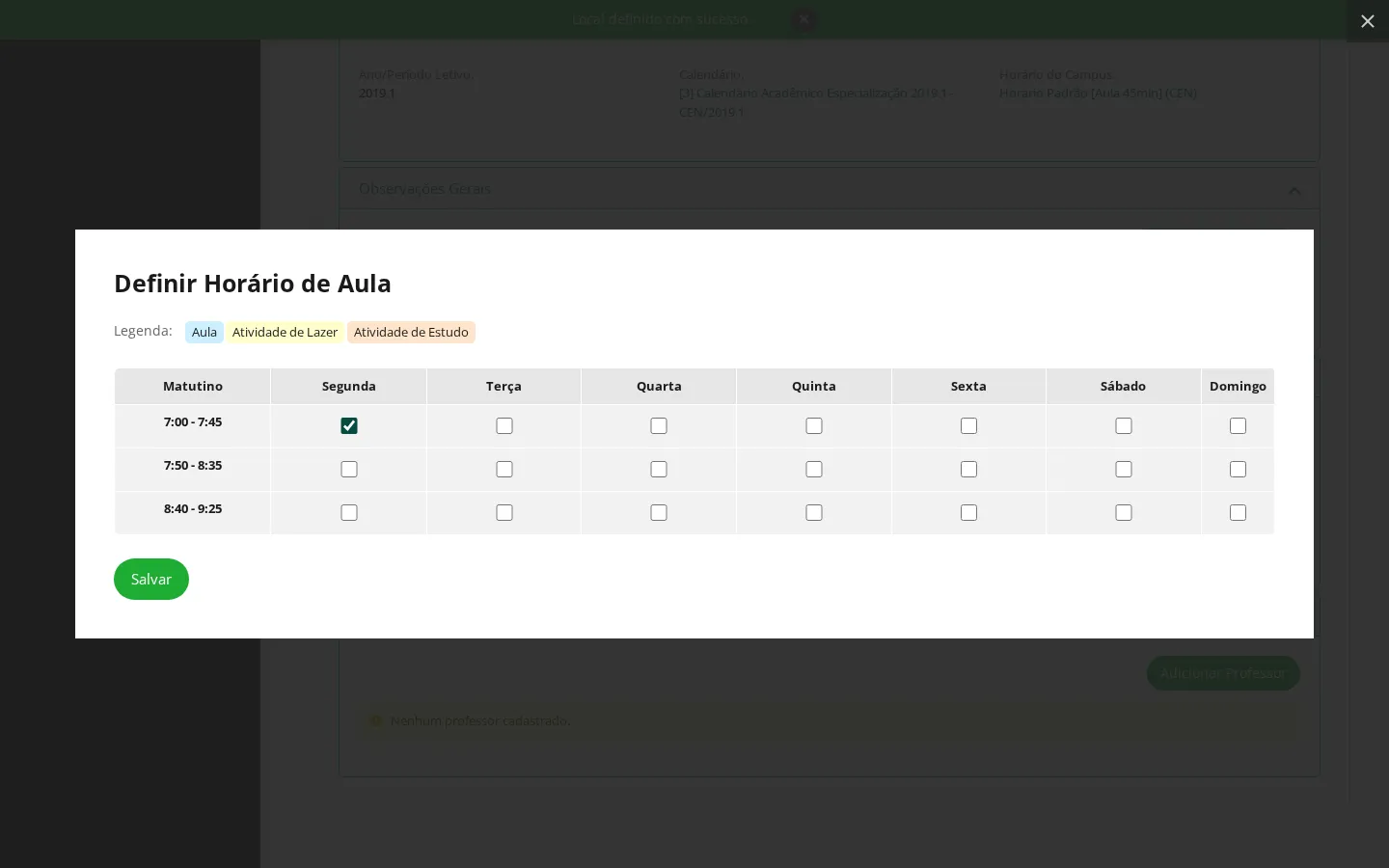 Popup de definição de horário