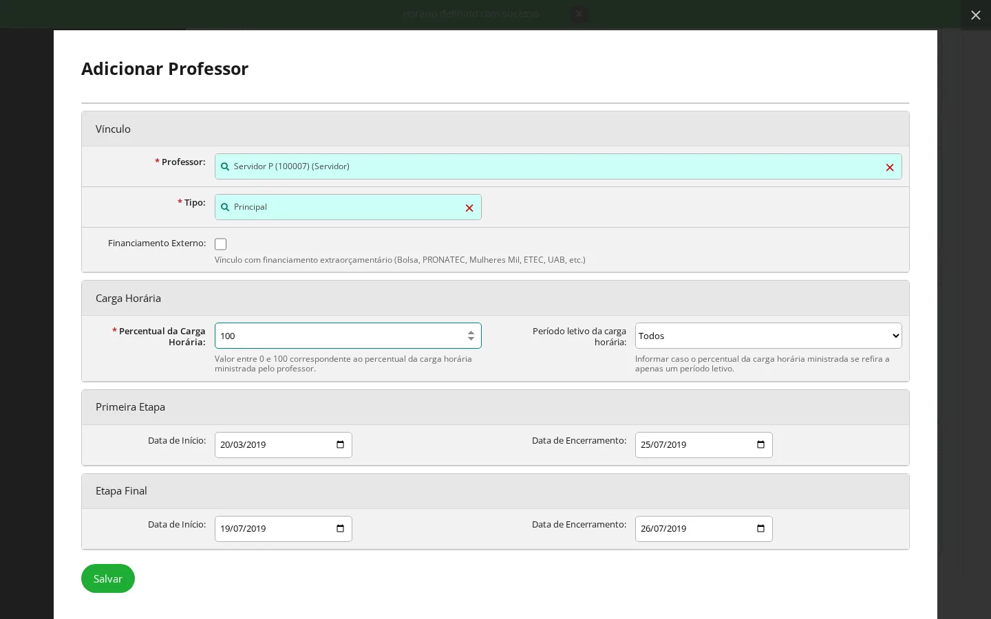 Popup de vínculo do professor