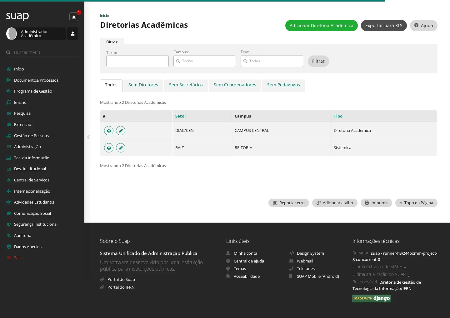 Listagem de diretorias acadêmicas