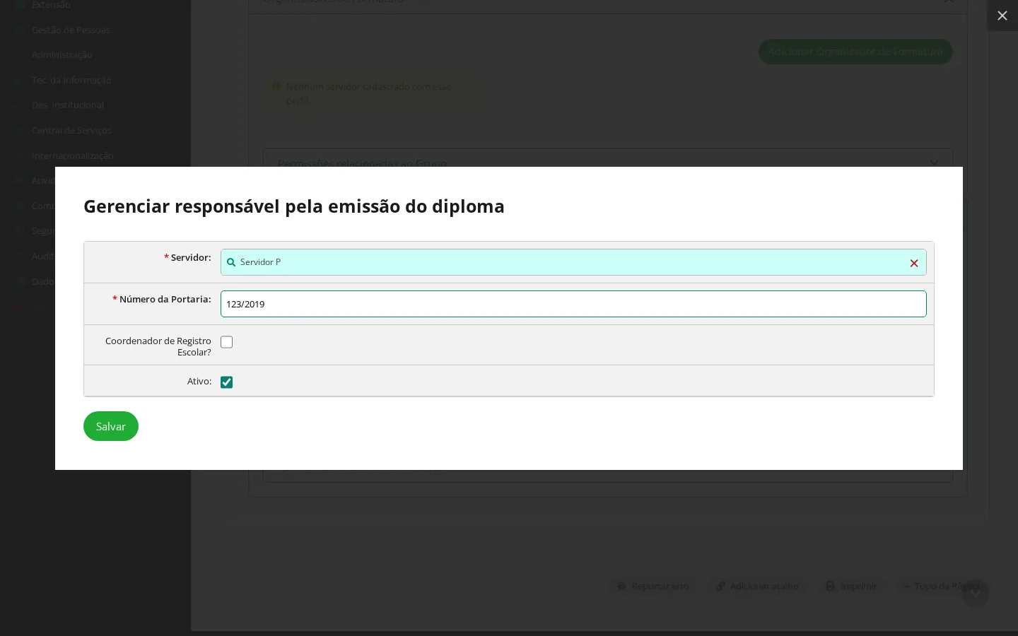 Popup do responsável pela emissão do diploma